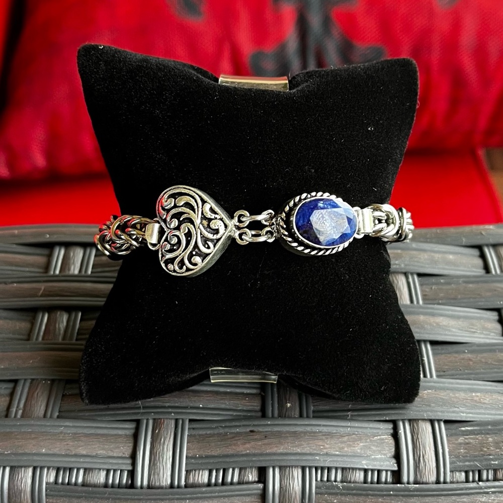 stainless steel maille link bracelet with blue sapphire gem & heart charm clasp - Picture 7 of 12
